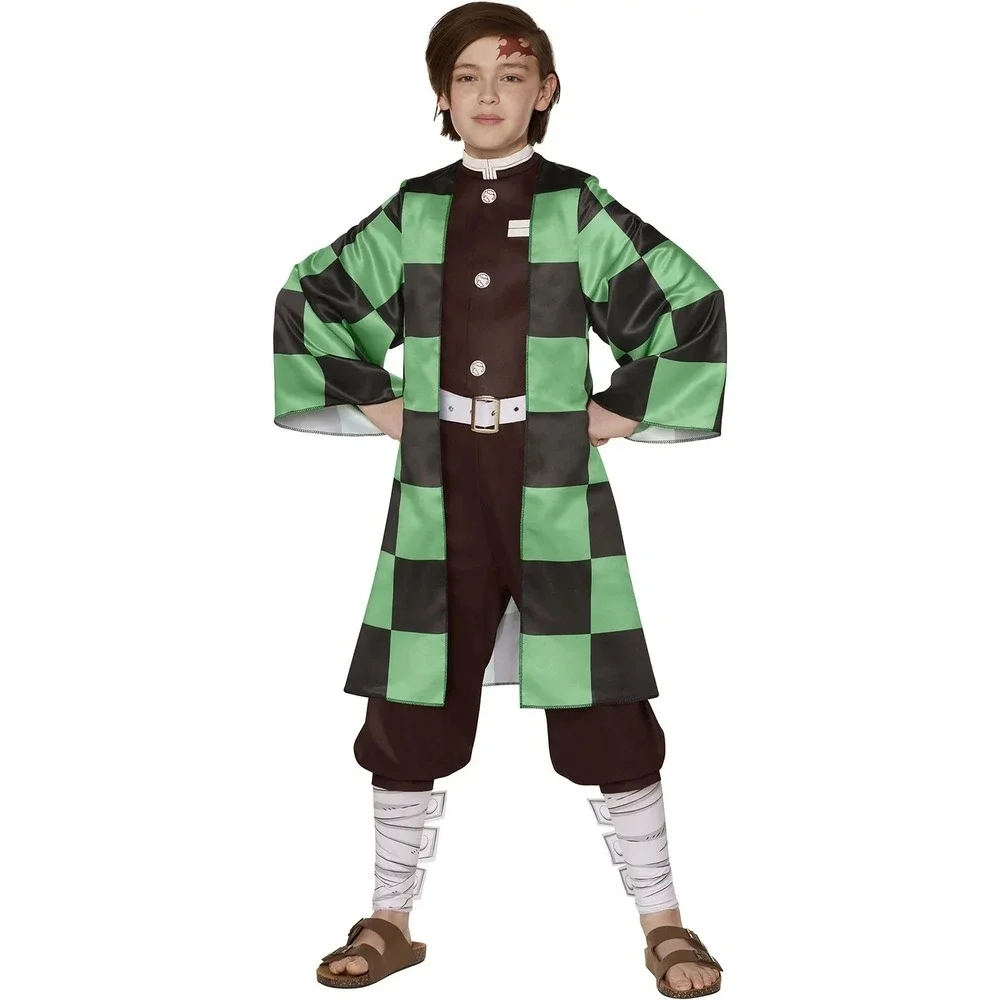 Demon Slayer‎ Tanjiro Kamado Boys Costume Japanese checkered haori Jumpsuit M